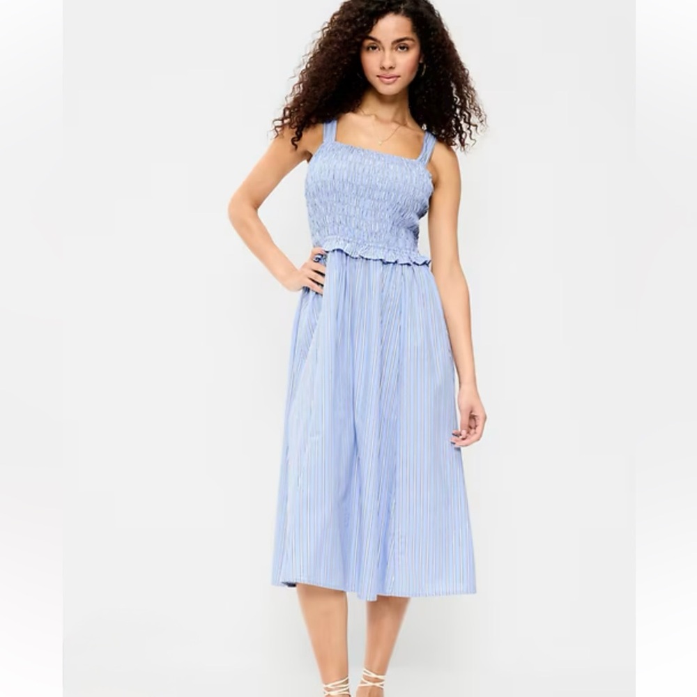 Old Navy Light Blue Striped Smocked Midi Dress